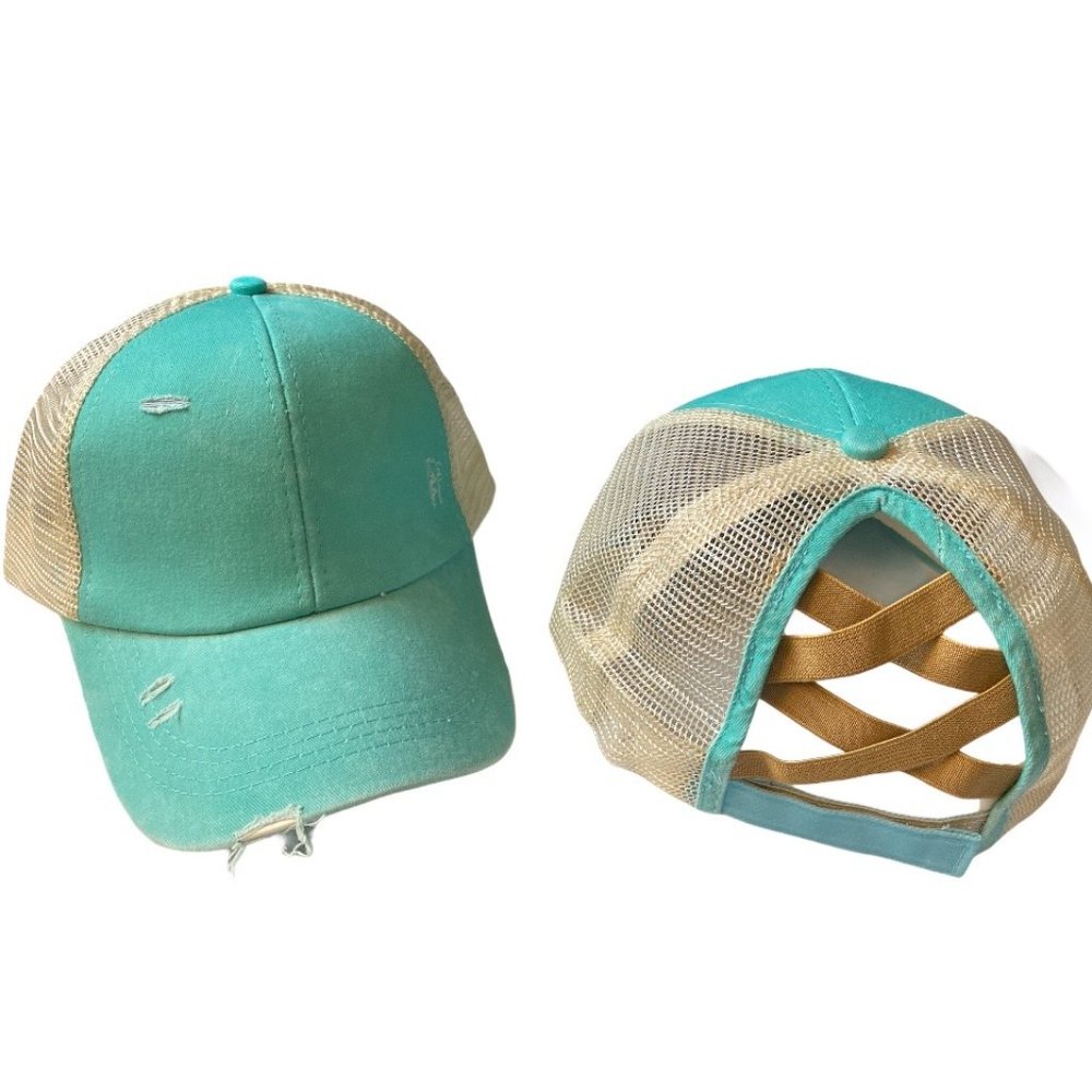 Messy Bun Distressed Hat - Teal